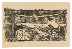 Inneres einer tahitianischen Hütte, aus der Suite der späten Holzschnittdrucke von Paul Gauguin