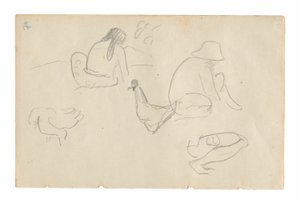 Skizzen von sitzenden Figuren und Hühnern (recto), weiblicher Akt-Torso (verso), aus dem Carnet de Tahiti (Tahitianisches Skizzenbuch) von Paul Gauguin