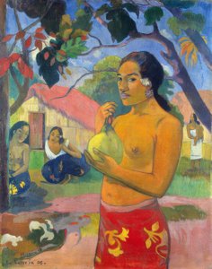 Tahiti: Frau mit Frucht (Wohin gehst du? / Eu haere ia oe?), Paul Gauguin (1893) von Paul Gauguin