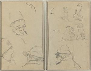Drei Studien von Männerköpfen, einer mit Brille; Hunde, Kinder und zwei bärtige Männer im Profil (verso) von Paul Gauguin