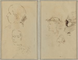 Zwei Kopfstudien und eine kauernde nackte Frau; Zwei Frauenköpfe und ein Kinderkopf [recto] von Paul Gauguin