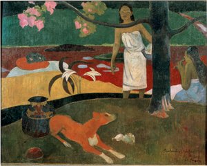 Zwei tahitianische Frauen und ein Hund. Gemälde von Paul Gauguin