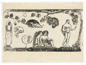 Frauen, Tiere und Laub, aus der Suite der späten Holzschnittdrucke von Paul Gauguin