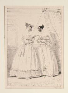 JANUAR 1838. Kleid aus Krepp mit einem Tüllvolant verziert. von Paul Gavarni