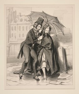 Kein Auto finden und vom Ball zurückkehren, im Morgengrauen, mit einem Regenschirm. von Paul Gavarni