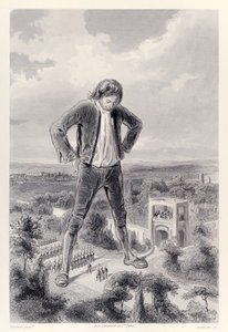 Die Lilliputanische Armee marschiert zwischen den Beinen von Gulliver, aus der französischen Ausgabe von Gullivers Reisen von Jonathan Swift von Paul Gavarni