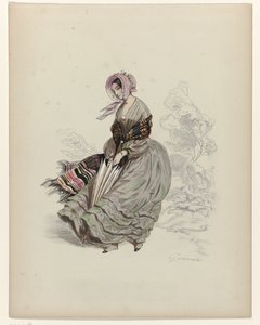 Frau, im Wind gehend, mit Sonnenschirm, 1840 von Paul Gavarni