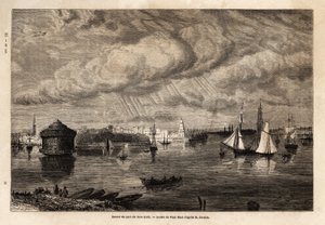 Der Eingang zum Hafen von New York, Zeichnung von Paul Huet (1803-1869), zur Illustration der Reisen nach Nordamerika in den Jahren 1854-1855 von L. Deville. Gravur in „Le tour du monde“ 1861. Sammlung Selva.
