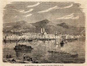 Ansicht von Montreal, Zeichnung von Paul Huet (1803-1869), zur Illustration der Reisen nach Nordamerika in den Jahren 1854-1855, von L. Deville. Gravur in „Le tour du monde“ 1861. Sammlung Selva. von Paul Huet