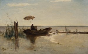 Ein Maler, möglicherweise der Künstler W.B. Tholen, bei der Arbeit in einem Kahn an einem sonnigen Tag