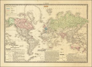 Französische Weltkarte von 1840, die die Territorien der Britischen, Französischen und Russischen Imperien darstellt von Paul Kaeppelin