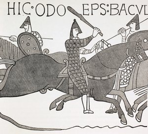 Bischof Edues hält seinen Amtsstab und ermutigt die Soldaten des Herzogs der Normandie in der Schlacht von Hastings. Nach einem Detail im Teppich von Bayeux