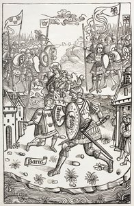 König Artus, oder Arthur, von der Jungfrau beschützt, kämpft gegen einen Riesen. Nach einem Holzschnitt in Chroniques de Bretagne, von Alain Bouchard, veröffentlicht 1514
