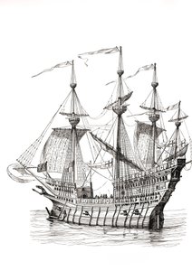 Kriegsschiff, das König Heinrich VIII. 1520 von England nach Frankreich brachte, für sein Treffen mit König Franz I. auf dem Feld des Goldenen Tuchs. Nach einer Zeichnung von Holbein