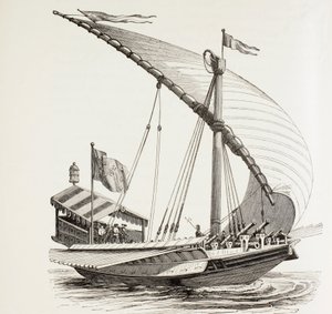 Pontifikalgaleere mit Segeln, Rudern und schwerer Artillerie. Sie führt die päpstliche Flagge. Nach einer Zeichnung von Breugel dem Älteren