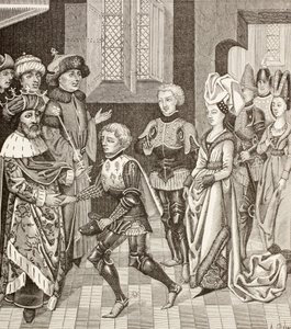 Empfang von Gautier-Sans-Avoir durch den König von Ungarn, der ihm erlaubt, mit den Kreuzfahrern durch sein Gebiet zu ziehen, während des ersten Kreuzzugs