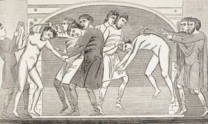Die Heiligen Savin und Cyprian, deren Fleisch mit Eisenhaken von ihren Körpern gerissen wird. Nach einem Fresko aus dem 11. Jahrhundert in der Kirche von St. Savin, Vienne, Frankreich.