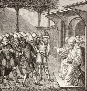 St. Benedikt von Nursia tadelt Baduila alias Totila, König der Ostgoten, dafür, dass er ihn getäuscht hat, und sagt seinen Tod voraus