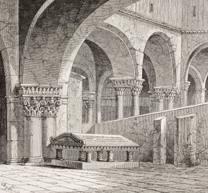 Grab von Gottfried von Bouillon, ca. 1060 - 1100, wie es in der Grabeskirche in Jerusalem existierte. Das Grab ist jetzt zerstört. Nach einer Zeichnung, die 1828 vor Ort gemacht wurde
