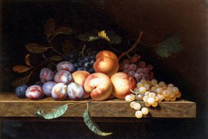 Pfirsiche, Pflaumen und Trauben auf einem Steinsims von Paul Liegeois