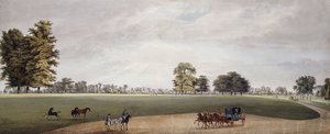 Eine Kutsche im Park von Luton, getroffen von Reitern und spielenden Fohlen