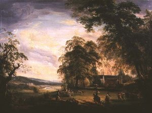 Ein Blick auf Arundel Castle mit Landvolk, das bei einem Bauernhaus feiert von Paul Sandby