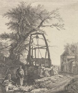 Schottische Bettler ruhen sich in der Nähe eines Brunnens aus