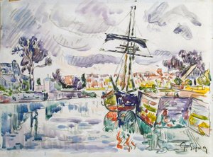 Segelboot an einem Pier, 1920er Jahre
