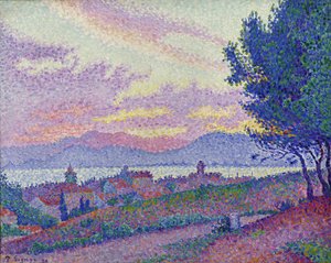 Blick auf Saint-Tropez, Sonnenuntergang im Pinienwald, 1896