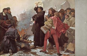 Martin Luther verbrennt die päpstliche Bulle, die ihm mit Exkommunikation droht, vor dem Elstertor in Wittenberg, Deutschland, 10. Dezember 1520