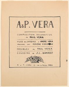 Zeichnung, Titelseite, A & P Vera, Dekorative Komposition von Paul Vera / Ansichten von Gärten von André Vera gezeichnet von Eugène Verdeau / Möbel von Paul Vera / Kissen von J. L. Gampert, 1912–19