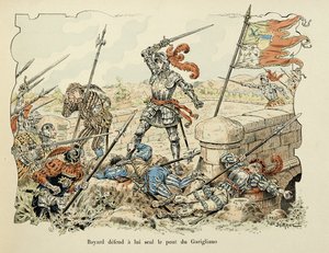 Illustration aus dem Buch „Histoire du chevalier Bayard“ von Theodore Cahu, illustriert von Paul De Semant (1855-1915): Bayard verteidigt allein die Brücke von Garigliano 1504