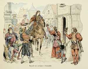Illustration aus dem Buch „Geschichte des Ritters Bayard“ von Theodore Cahu, illustriert von Paul De Semant (1855-1915): Bayard wird in Grenoble gefeiert von Paul de Semant