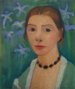 Selbstporträt vor grünem Hintergrund mit blauer Iris von Paula Modersohn Becker