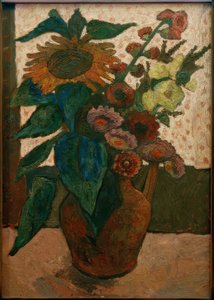 Stillleben mit Sonnenblume, Stockrosen und Georginen
