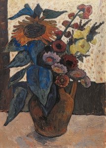 Stillleben mit Sonnenblumen, Stockrosen und Georginen