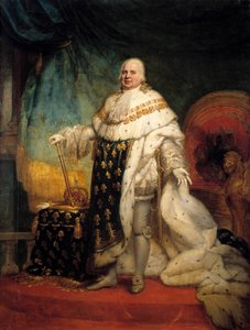 Ganzkörperporträt von Louis XVIII (1755-1824) in Krönungsgewändern. Gemälde von Paulin Guerin (1783-1855) 1824
