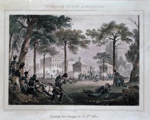Truppen im Parc Royal, Brüssel, 25. September 1830, graviert von Dewasme-Pletinckx von Paulus (after) Lauters