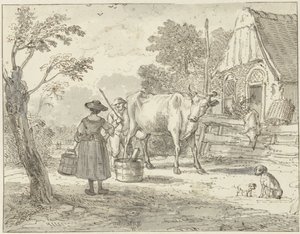 Bauern mit einer Kuh vor dem Haus