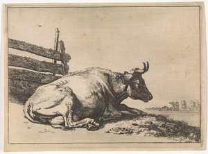 Liegende Kuh bei einem Zaun (Das Bullenbuch) von Paulus Potter