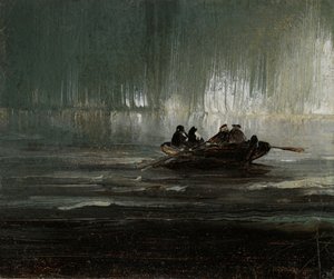 Nordlicht über vier Männern in einem Ruderboot von Peder Balke