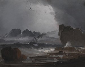 Raue See mit einem Dampfer nahe der Küste Norwegens von Peder Balke