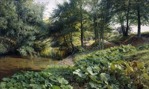 Waldlandschaft mit Fluss und Hirschen