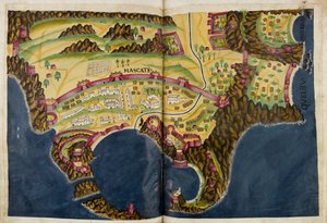 Portugiesische Illustration von Maskat, aus dem Manuskript Livro do Estado da India Oriental von Pedro Barreto de Resende, Sloane MS 197 von Pedro Barretto de Resende