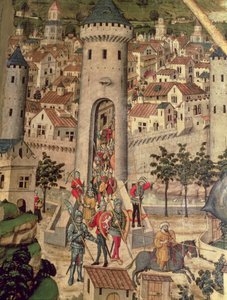 Altarpiece von Saint Jordi, Detail zeigt die Eroberung der Stadt Mallorca durch die Armee von James I.
