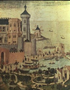 Der Hafen von Mallorca mit den Almudaine-Türmen während der Eroberung der Stadt durch Jakob I. (Detail)