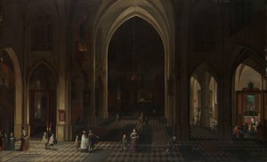Innenansicht einer gotischen Kirche bei Nacht, Blick nach Osten