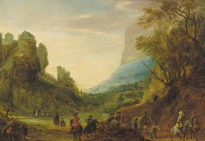 Alpenlandschaft mit Reisenden in einem Tal