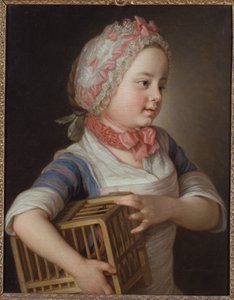 Mädchen mit Gimpel in einem Käfig