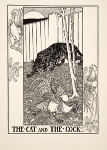Die Katze und der Hahn, aus Hundert Fabeln von Äsop, veröffentlicht 1903